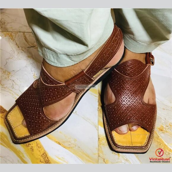 Traditional Handmade Peshawari Chappal: Brown Leather Ethnic Shoes - Picture 2 of 7